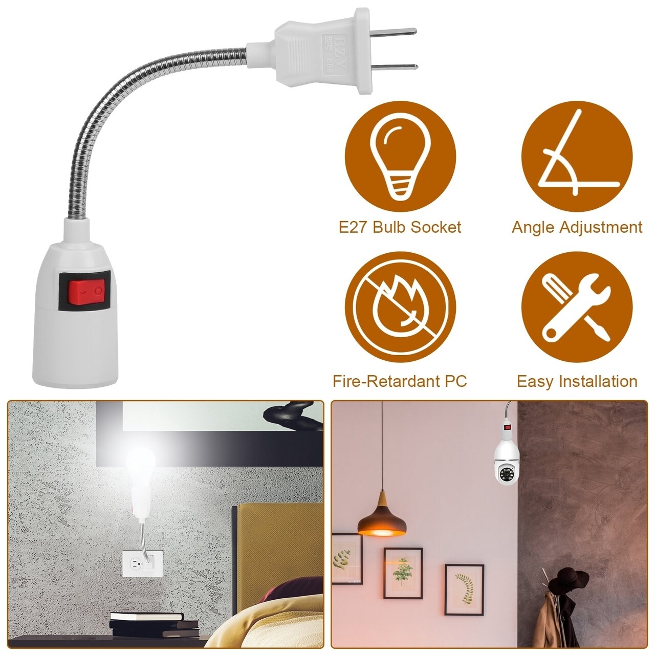 E27 Light Socket Extender Adapter Us Plug Flexible Lamp Holder With Switch White